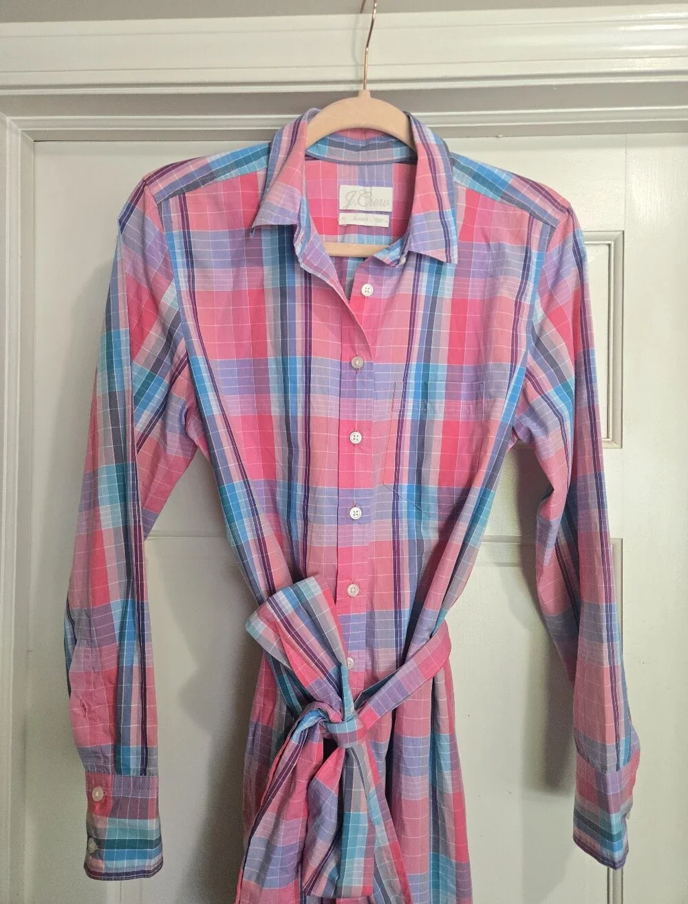 J. Crew Shirt Dress Women’s Size 4 Pink Plaid Tie Waist Button Midi Shirt Dress